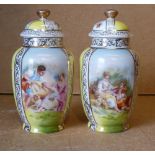 A Pair of Continental Small Bulbous Thin Necked Lidded Vases on yellow ground having multicoloured