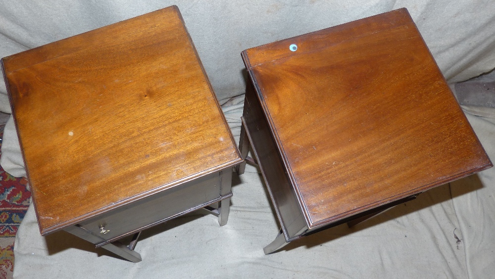 A Pair of Mahogany Square Bedside Cupboards having simple panel doors on square legs with x-shaped - Image 3 of 3