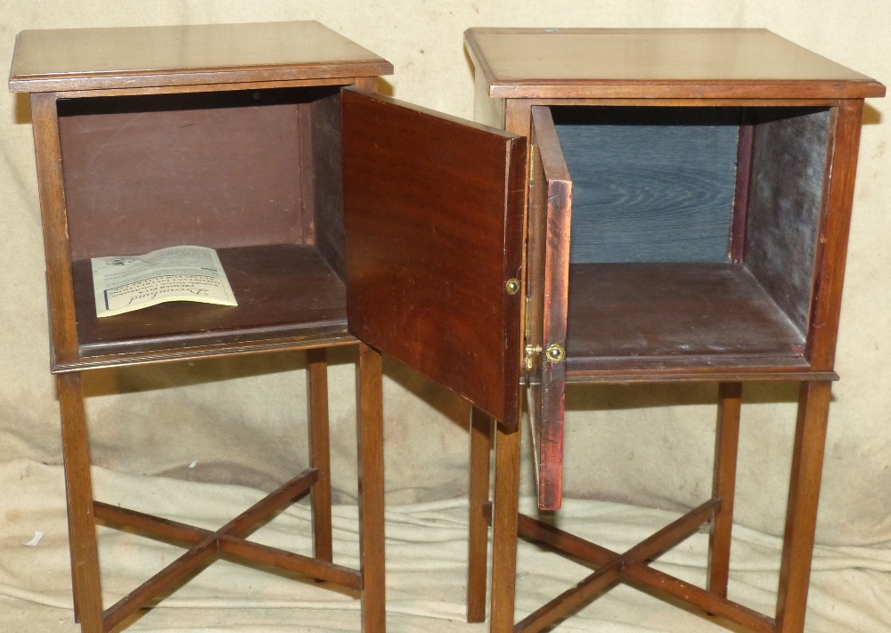 A Pair of Mahogany Square Bedside Cupboards having simple panel doors on square legs with x-shaped - Image 2 of 3