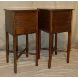 A Pair of Mahogany Square Bedside Cupboards having simple panel doors on square legs with x-shaped