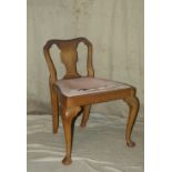 A Mahogany Dressing Table Stool having splat back, pink velvet drop in seat (in need of covering)