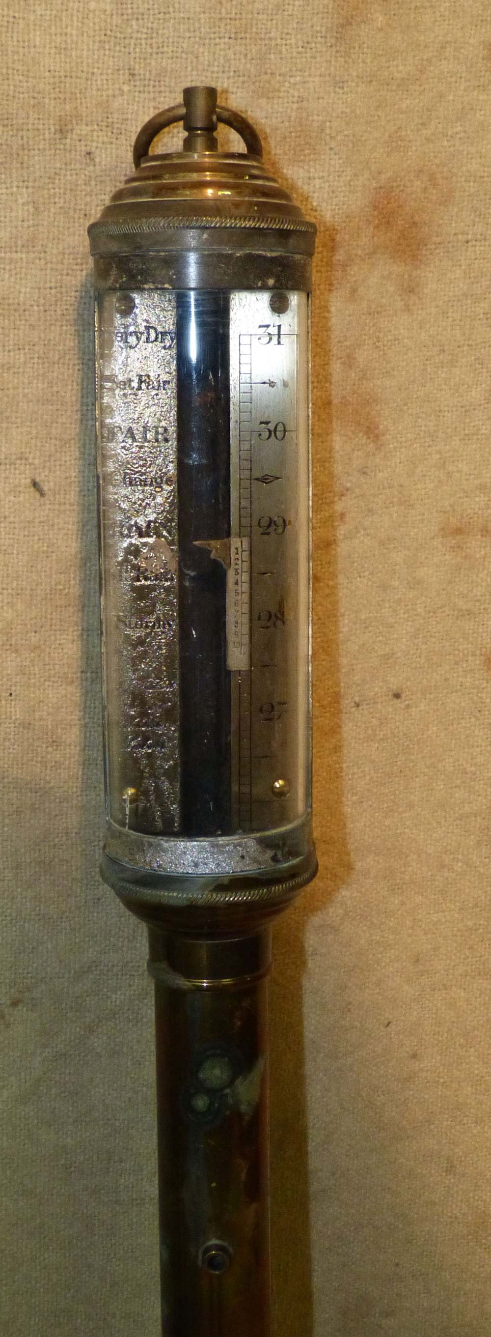 A Brass Cylindrical Stick Marine Barometer with bracket, - Image 2 of 4