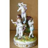A Continental China Group of 5 Cupids holding a flower, a hand mirror, a shell,