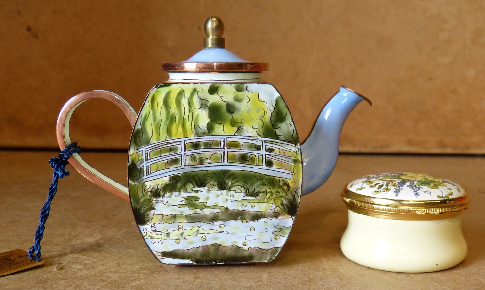 A Modern Limited Edition Enameled Miniature Teapot, boxed also a Halcyon Days enameled pill box, - Image 2 of 3
