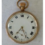 A 9ct Gold Open Faced Pocket Watch having white enamel dial with seconds dial and Roman numerals,