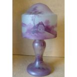 A Continental Frosted and Purple Glass 2-Sectioned Table Lamp having river landscape,