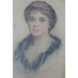 J Shirley-Fox Pastel shoulder length portrait of a lady wearing pearls, signed in gilt frame,