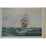 Ian McLean Coloured Marine Print "Running Before a Gale" in Maple wood frame,