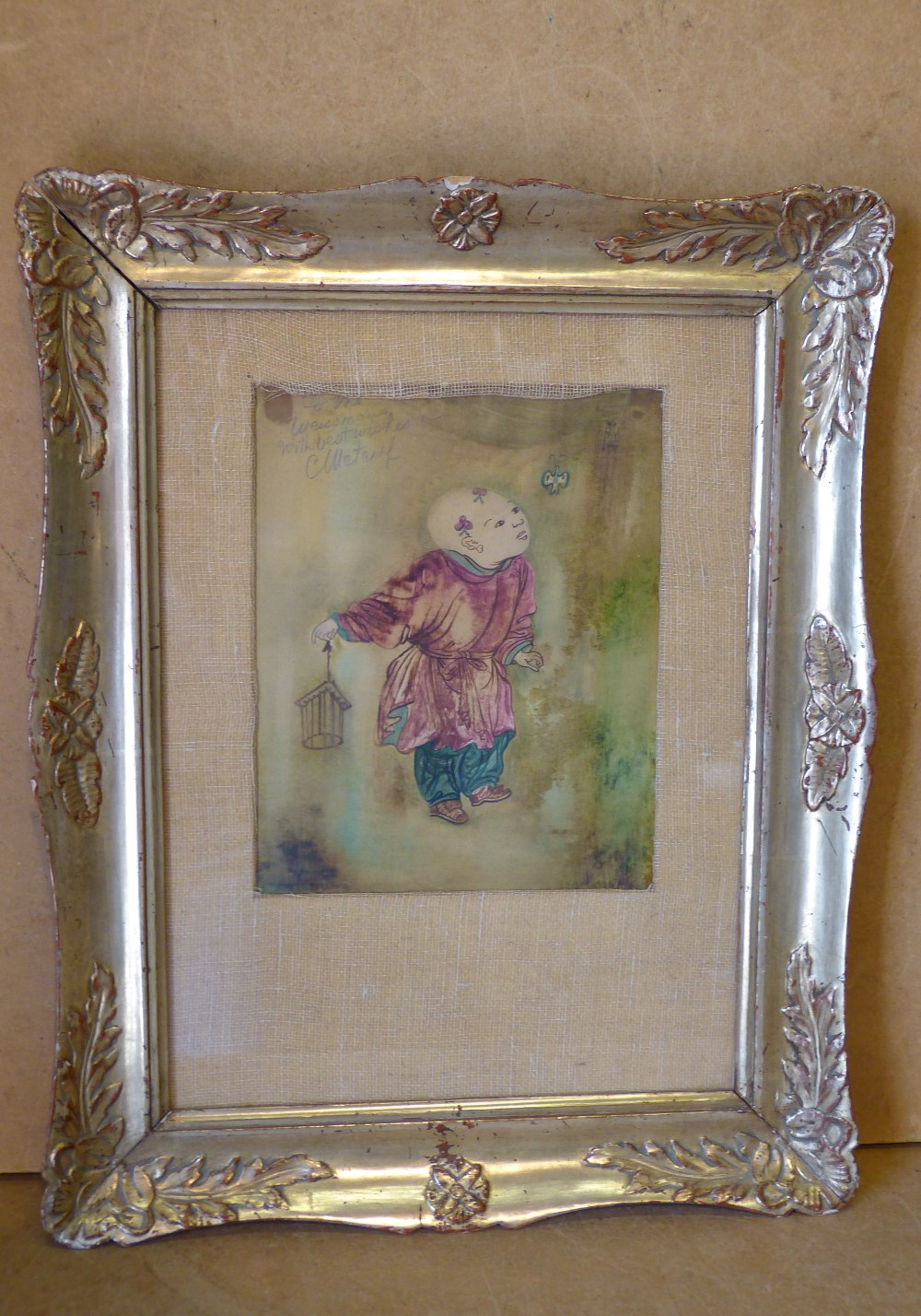 An Oriental Watercolour depicting young child holding a cage, - Image 4 of 4