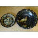 A Small Round Papier Mache Dish having multicoloured oriental figure, butterfly, fish,