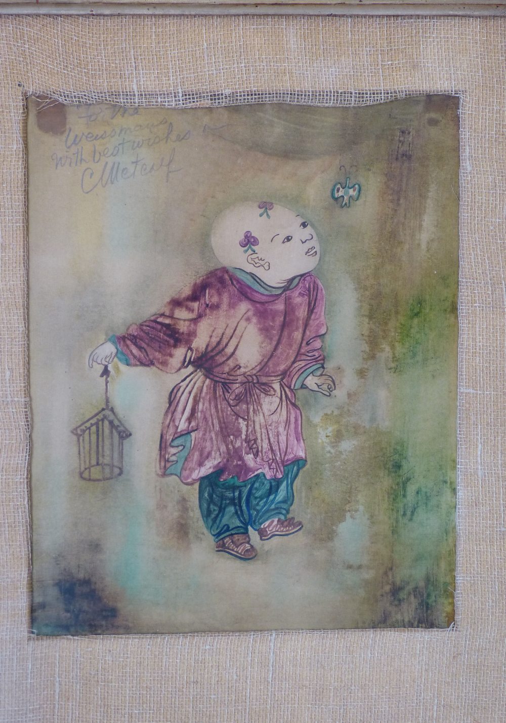 An Oriental Watercolour depicting young child holding a cage,