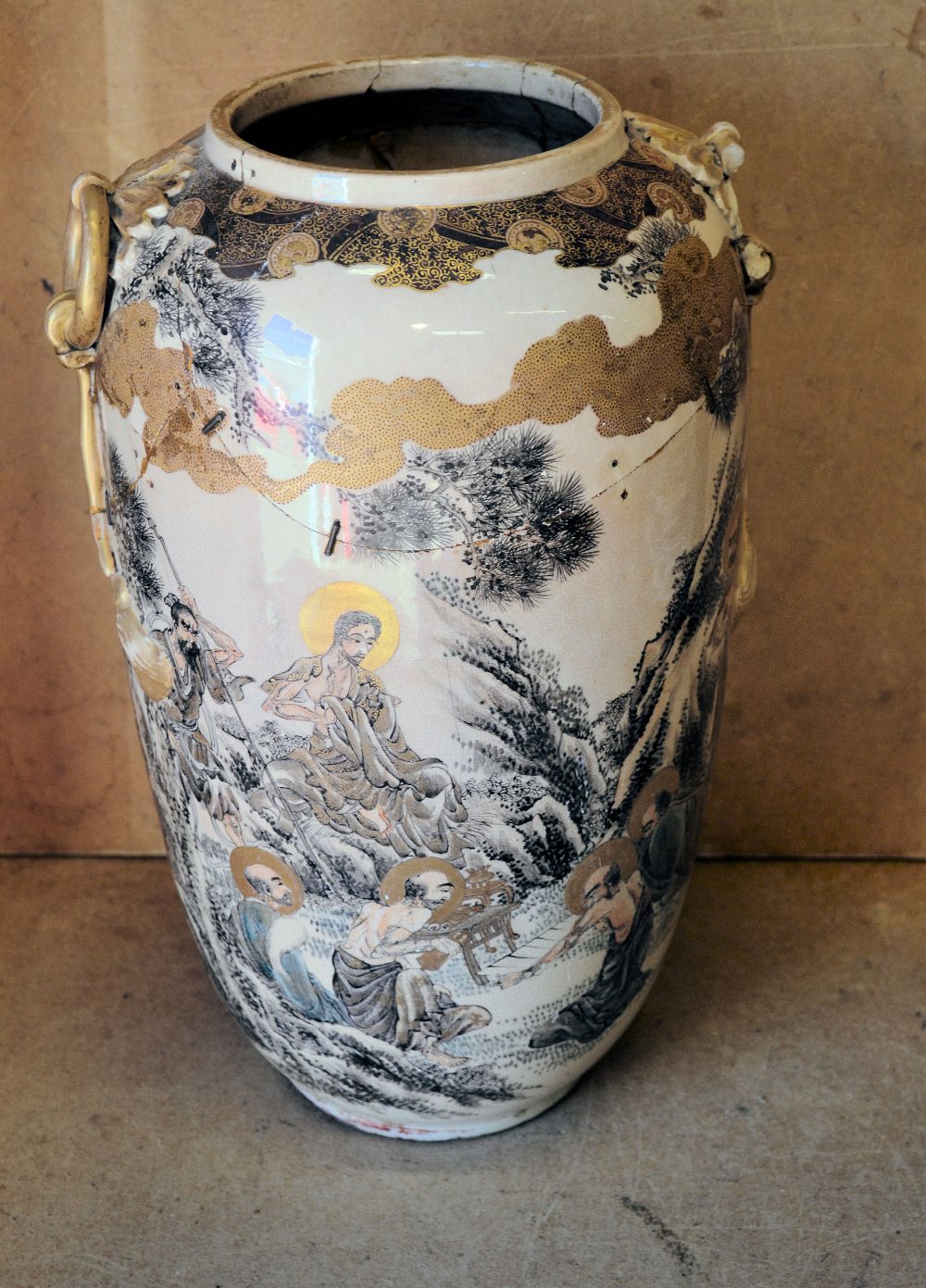 A Satsuma Large Bulbous Shape Vase on cream and gilt ground having figure, landscape,