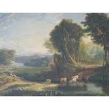 A 19th Century Watercolour depicting cattle in stream with figures overlooking bridge and buildings,