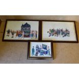 3 Oriental Rice Pictures depicting figures carrying chariots etc all individually framed,