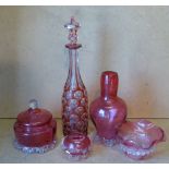 A Victorian Cranberry Bulbous Thin Necked Vase on scalloped base, 20cm high,