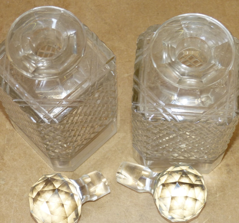 A Pair of Cut Glass Square Decanters with stoppers (1 stopper base a/f) 23cm high - Image 3 of 3