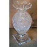 A Heavy Cut Glass Bulbous Trumpet Shape Vase with crinkled rim on square base (slight chip to
