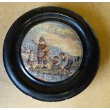 A Victorian Round Pot Lid "The Shrimpers" in ebony frame, lid 10.