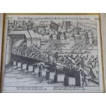 An Antique Continental Black and White Engraving depicting figures fleeing on bridge,