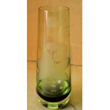 A Green Glass Cylindrical Vase having etched floral motif,