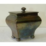 A Silver Plated Rectangular Bulbous Shape Tea Caddy having hinged lid on bun feet,