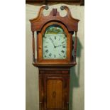 G Stacey Worksop 30-Hour Longcase Clock having painted arched dial depicting shooting party,