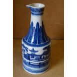An Oriental Bulbous Thin Necked Tall Jug on blue and white ground with river landscape and further