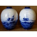 A Pair of Royal Crown Derby Bulbous Thin Necked Vases on blue and white ground depicting sailing