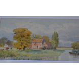 A Watercolour depicting farm building on river landscape with figures in rowing boat and cattle on