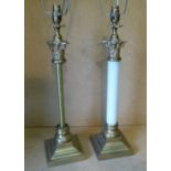 A Pair of Brass and Opaline Corinthian Column Table Lamps (1 opaline tube missing) on square