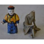 A China Snuff Bottle in form of a figure (no stopper) also a china figure of a seated oriental