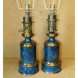 A Pair of Gilt Metal and Blue Painted Table Lamps (converted from paraffin lamps) 41.