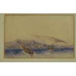 After JMW Turner Watercolour depicting vessels of a coastline, bears signature in oak frame,