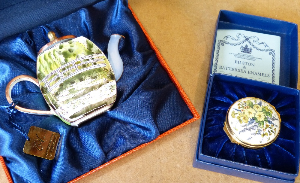 A Modern Limited Edition Enameled Miniature Teapot, boxed also a Halcyon Days enameled pill box,