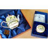 A Modern Limited Edition Enameled Miniature Teapot, boxed also a Halcyon Days enameled pill box,