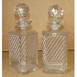 A Pair of Cut Glass Square Decanters with stoppers (1 stopper base a/f) 23cm high