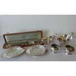 A Pair of Silver Plated Oval Dishes set with cut glass round bowls,