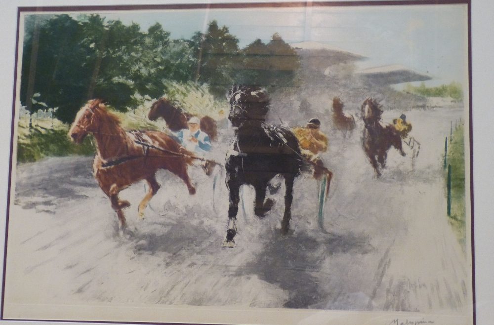 A Pair Signed Coloured Horse and Trap Racing pictures,