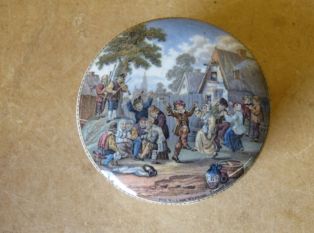 A Victorian China Pot Lid with base "The Village Teniers Pinx" 11cm diameter