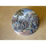 A Victorian China Pot Lid with base "The Village Teniers Pinx" 11cm diameter