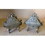 A Pair of Oriental Gilt Bronze Rectangular Shape  Lidded Censer's having pierced and raised bird,