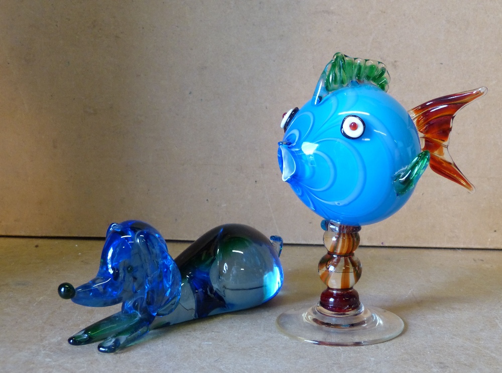 A Murano Style Glass Figure of a fish on turned stem with round base,