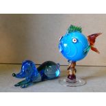 A Murano Style Glass Figure of a fish on turned stem with round base,