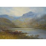 L Richards Oil on Canvas, Scottish Loch scene with highland cattle having mountains in background,