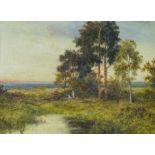 L Richards Oil on Canvas depicting figures near pond under trees with sheep in background, signed,