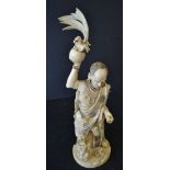 A 19th Century Carved Ivory Figure of gentlemen seated upon a rock holding a bowl (chunk from base