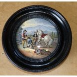 A Victorian China Pot Lid depicting master and horse, in ebony frame,
