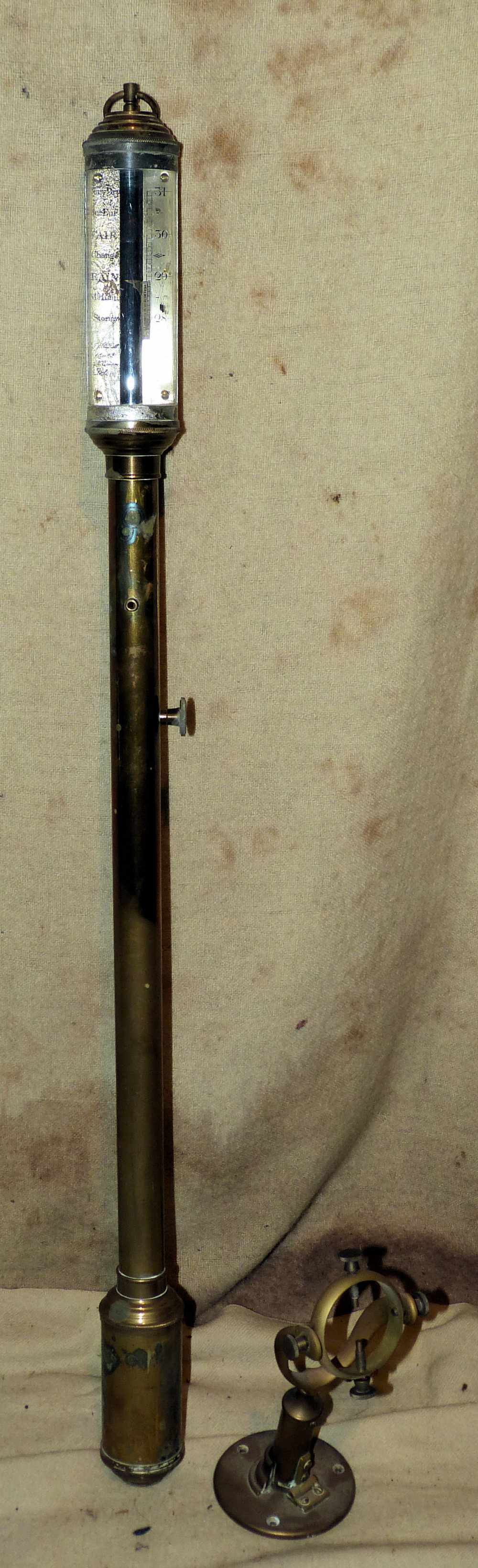 A Brass Cylindrical Stick Marine Barometer with bracket, - Image 3 of 4