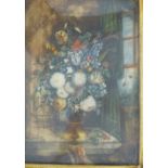 A Miniature on Ivory, still life, large vase of flowers upon marble shelf with dog, in gilt frame,