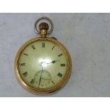 An 18ct Gold Open Faced Pocket Watch having white enamel dial, with seconds dial and Roman numerals,